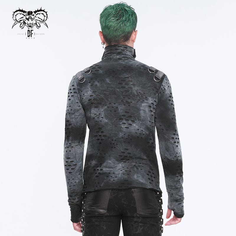 DEVIL FASHION Men's Punk Irregular Stand Collar Ripped Shirt