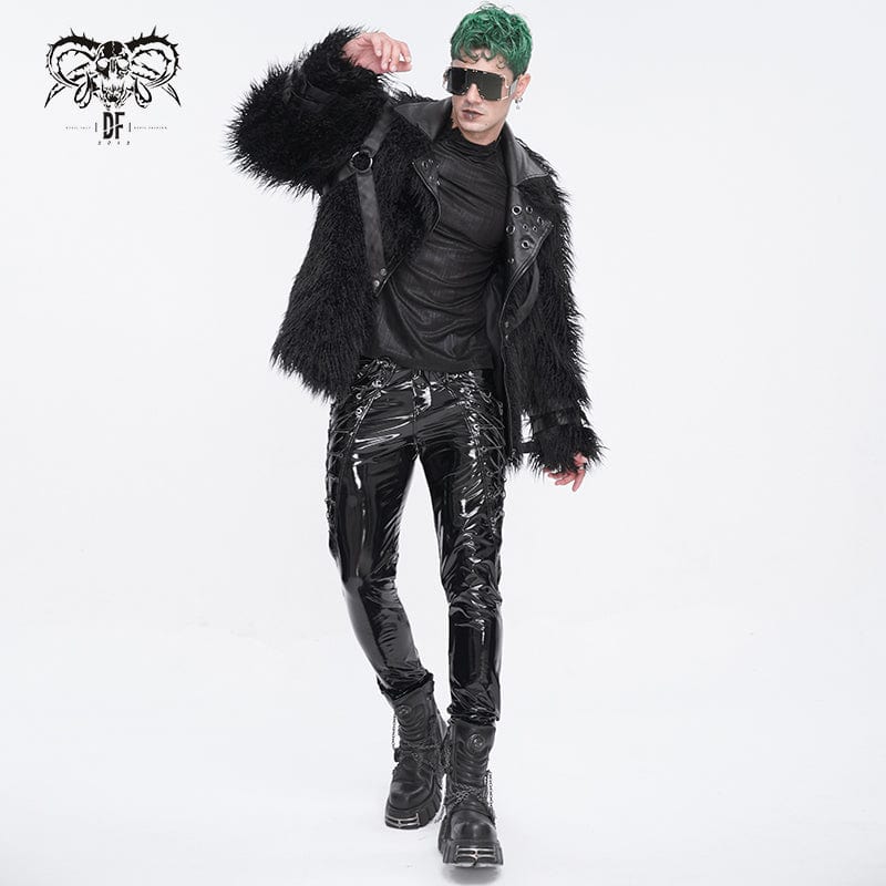 DEVIL FASHION Men's Punk Lace-up Patent Leather Pants
