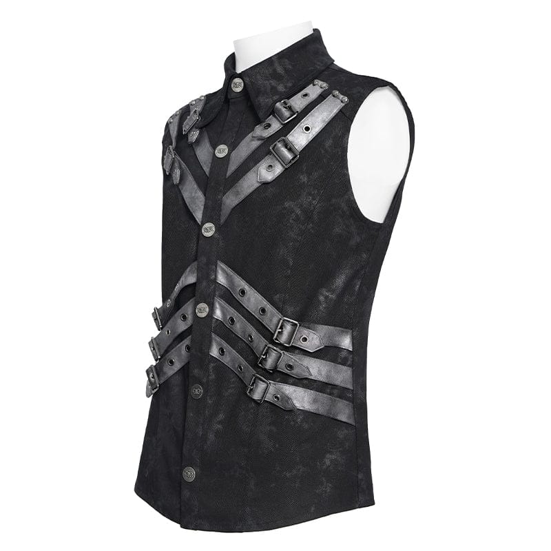 DEVIL FASHION Men's Punk Layered Buckle-up Straps Turn-down Collar Top