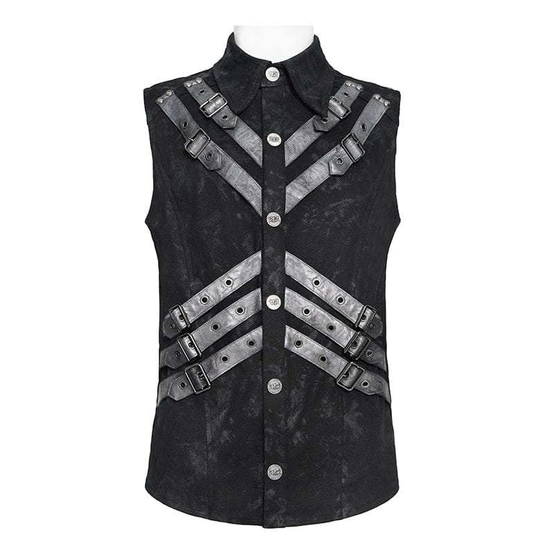 DEVIL FASHION Men's Punk Layered Buckle-up Straps Turn-down Collar Top