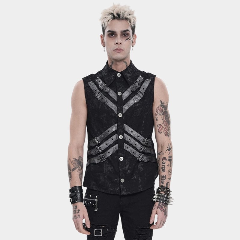 DEVIL FASHION Men's Punk Layered Buckle-up Straps Turn-down Collar Top