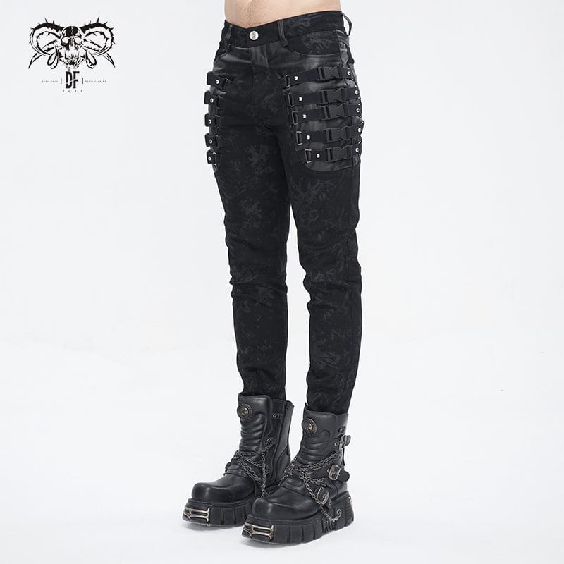 DEVIL FASHION Men's Punk Multi-buckle Distressed Pants