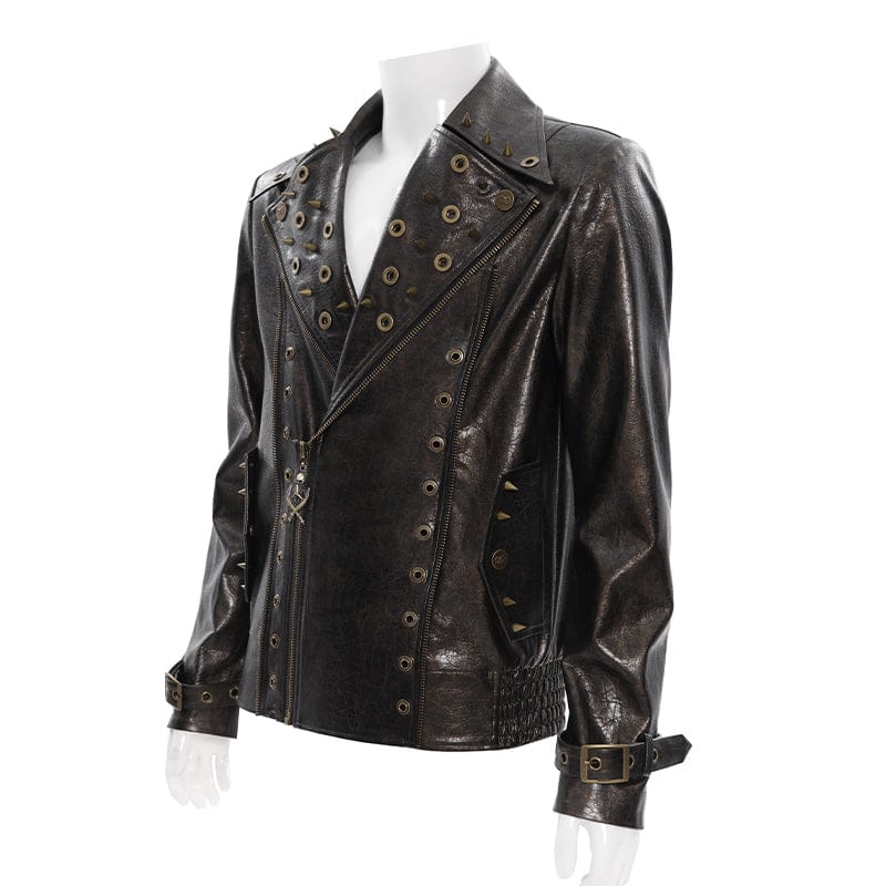 DEVIL FASHION Men's Punk Notched Lapel Studded Biker Jacket