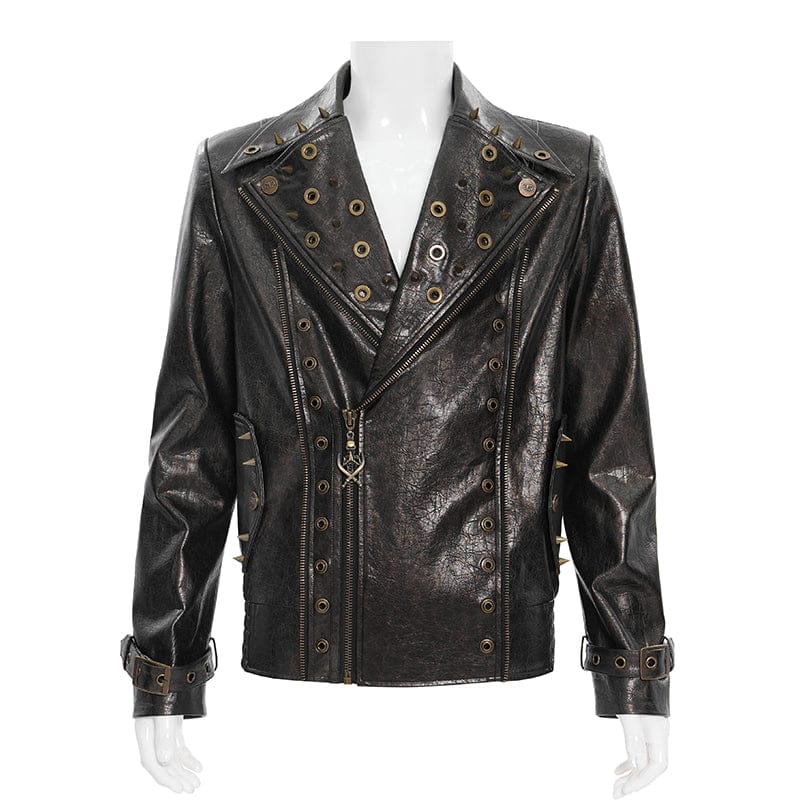 DEVIL FASHION Men's Punk Notched Lapel Studded Biker Jacket