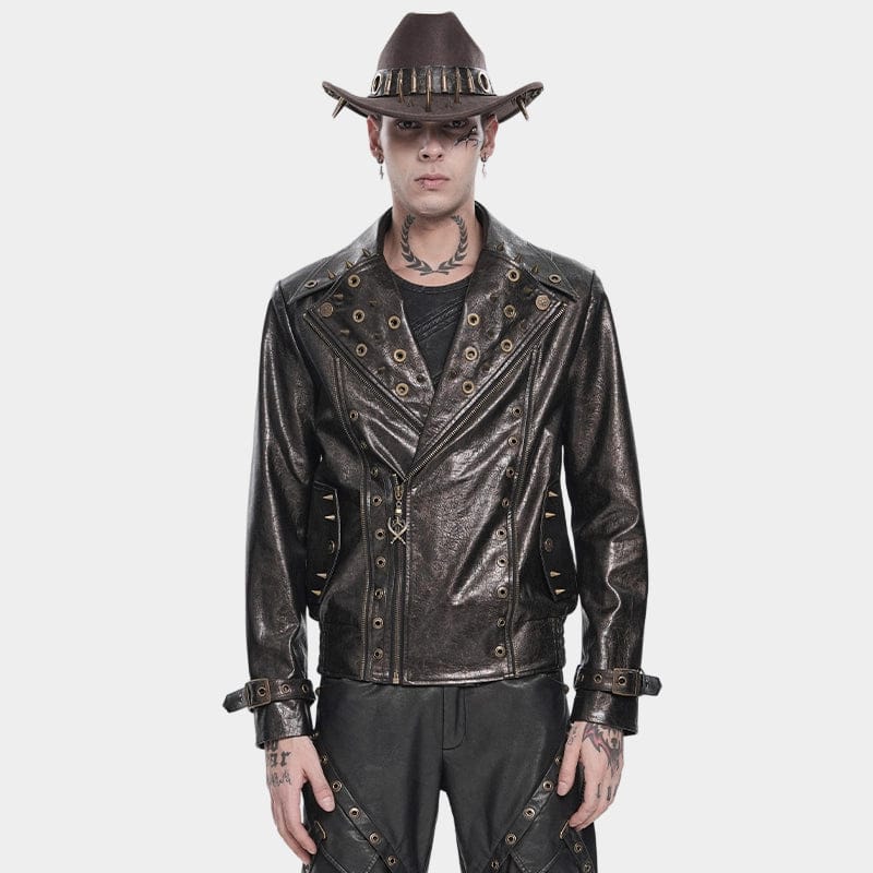 DEVIL FASHION Men's Punk Notched Lapel Studded Biker Jacket