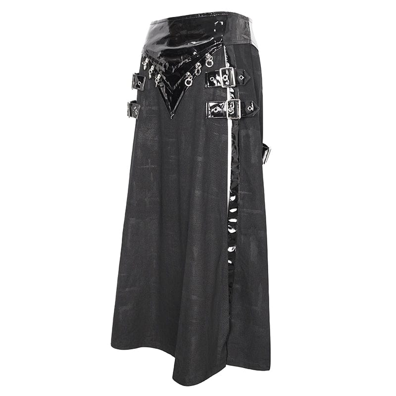 DEVIL FASHION Men's Punk Patent Leather Splice Split Skirt