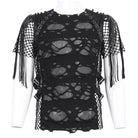 DEVIL FASHION Men's Punk Ripped Tassels Mesh Splice T-shirt
