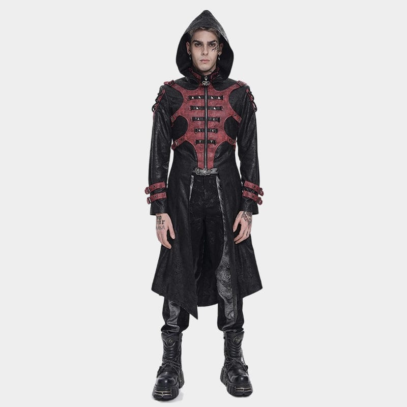 DEVIL FASHION Men's Punk Rivet Buckle Strap Hooded Jacket Black