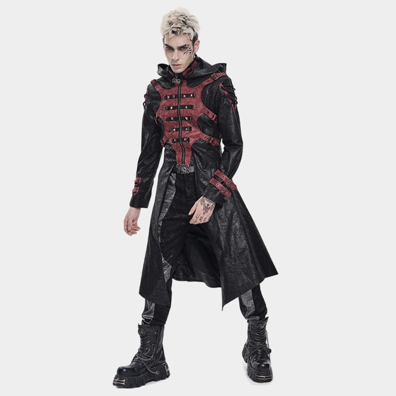 DEVIL FASHION Men's Punk Rivet Buckle Strap Hooded Jacket Black