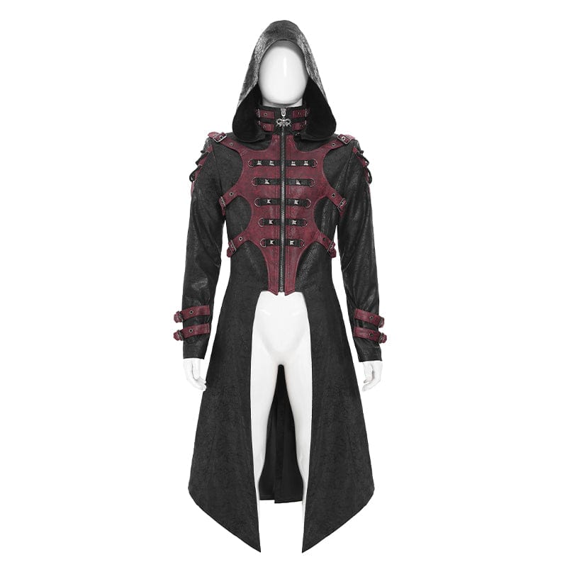 DEVIL FASHION Men's Punk Rivet Buckle Strap Hooded Jacket Black