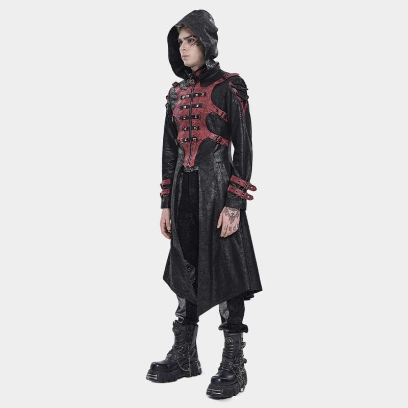 DEVIL FASHION Men's Punk Rivet Buckle Strap Hooded Jacket Black