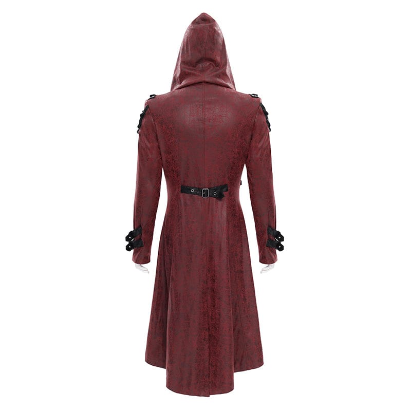 DEVIL FASHION Men's Punk Rivet Buckle Strap Hooded Jacket Red