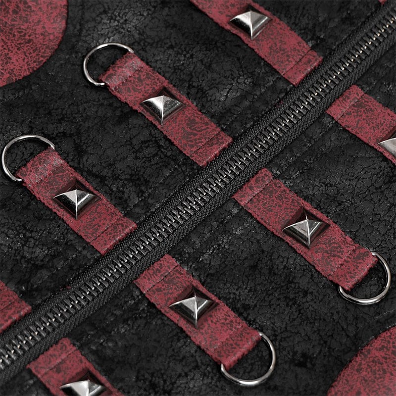 DEVIL FASHION Men's Punk Rivet Buckle Strap Hooded Jacket Red