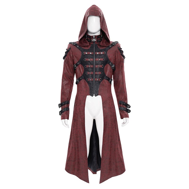 DEVIL FASHION Men's Punk Rivet Buckle Strap Hooded Jacket Red
