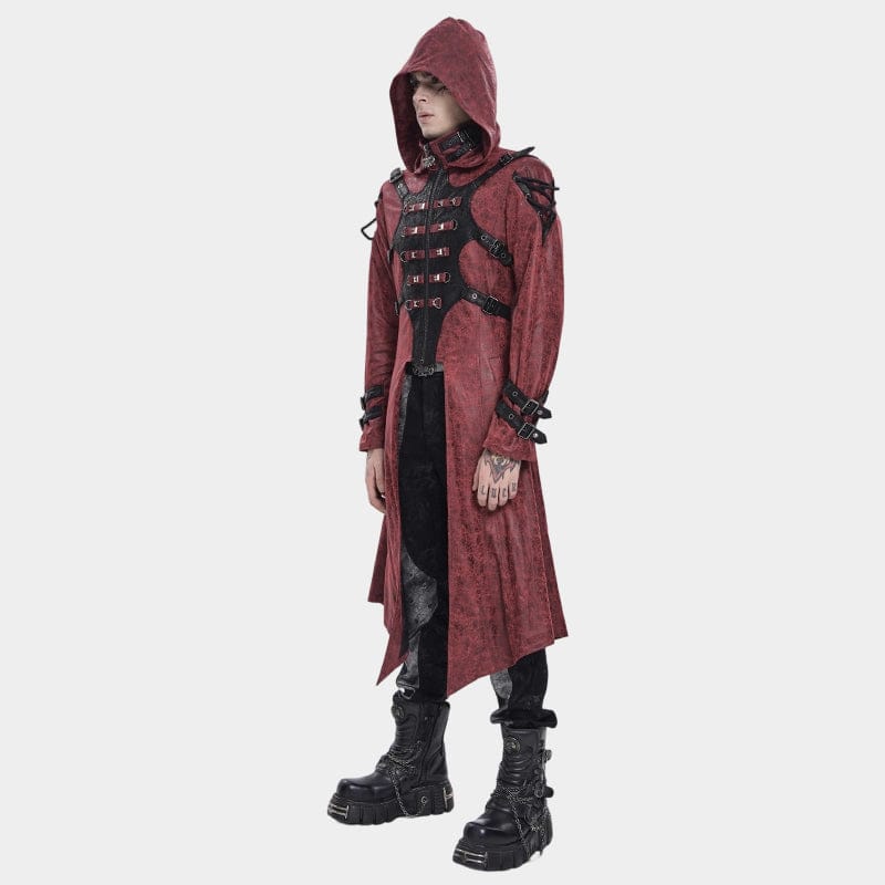 DEVIL FASHION Men's Punk Rivet Buckle Strap Hooded Jacket Red