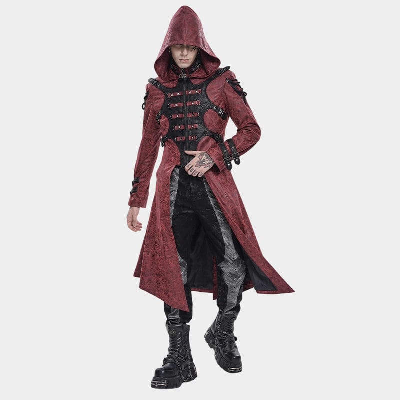 DEVIL FASHION Men's Punk Rivet Buckle Strap Hooded Jacket Red