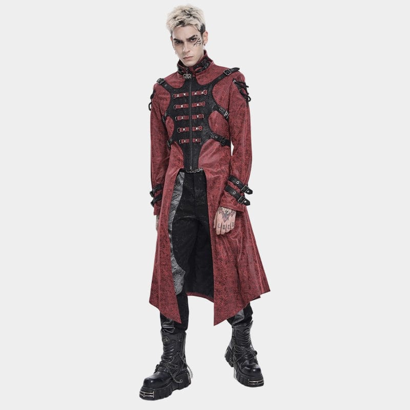 DEVIL FASHION Men's Punk Rivet Buckle Strap Hooded Jacket Red