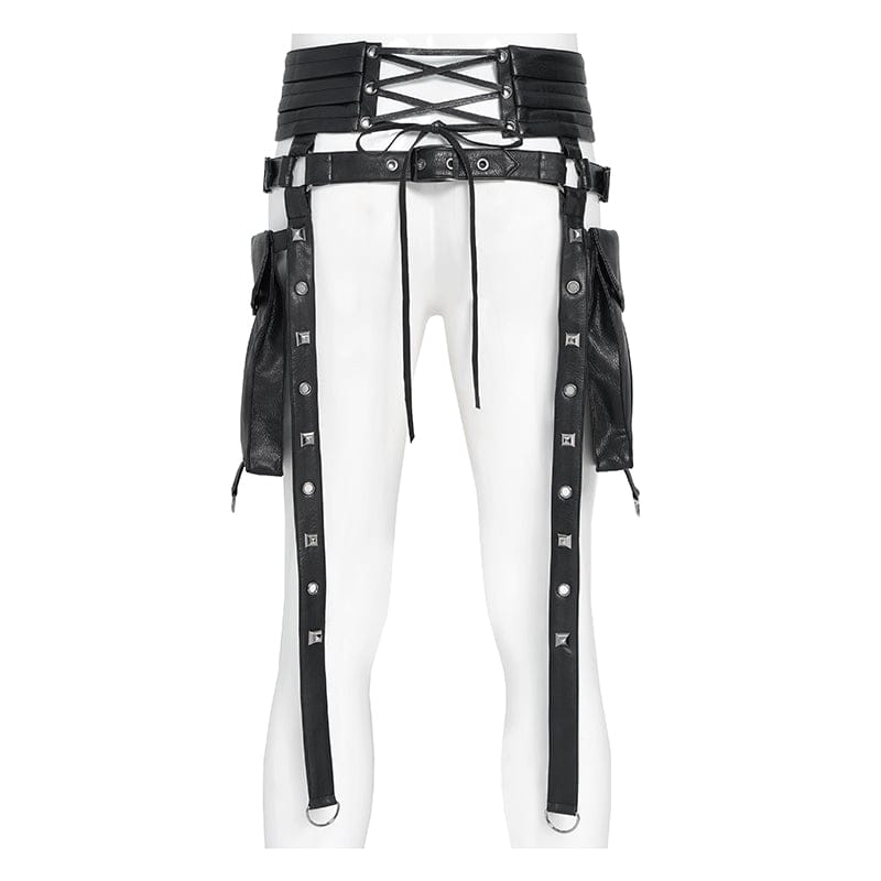 DEVIL FASHION Men's Punk Rivet Strappy Harness Belt with Pouches Black