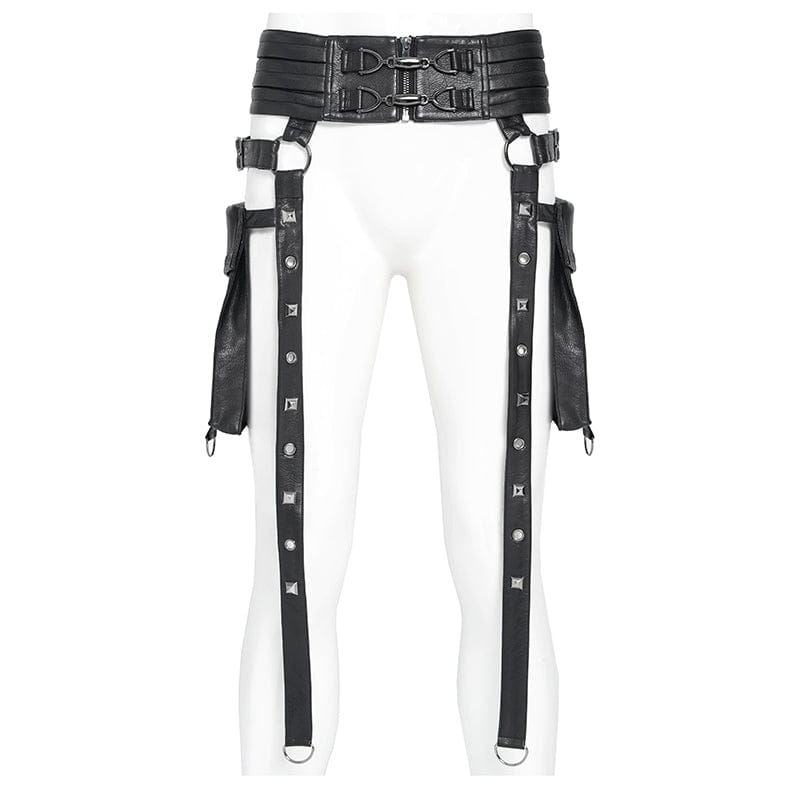 DEVIL FASHION Men's Punk Rivet Strappy Harness Belt with Pouches Black
