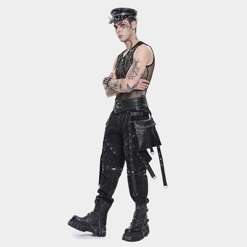 DEVIL FASHION Men's Punk Rivet Strappy Harness Belt with Pouches Black