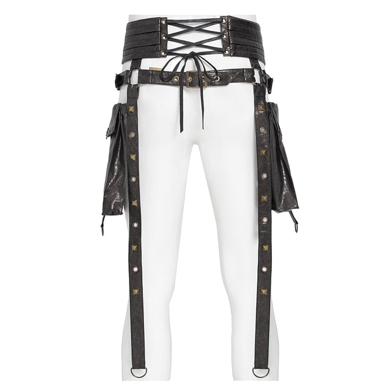 Men's Punk Rivet Strappy Harness Belt with Pouches Bronze – Punk