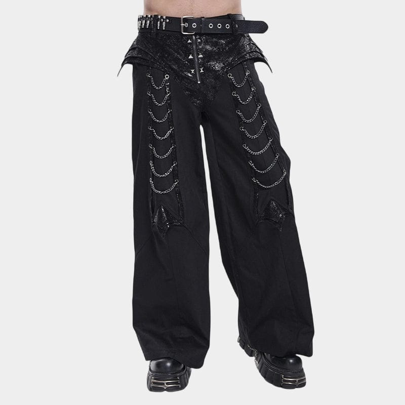 DEVIL FASHION Men's Punk Rivets Chains Zip Pants