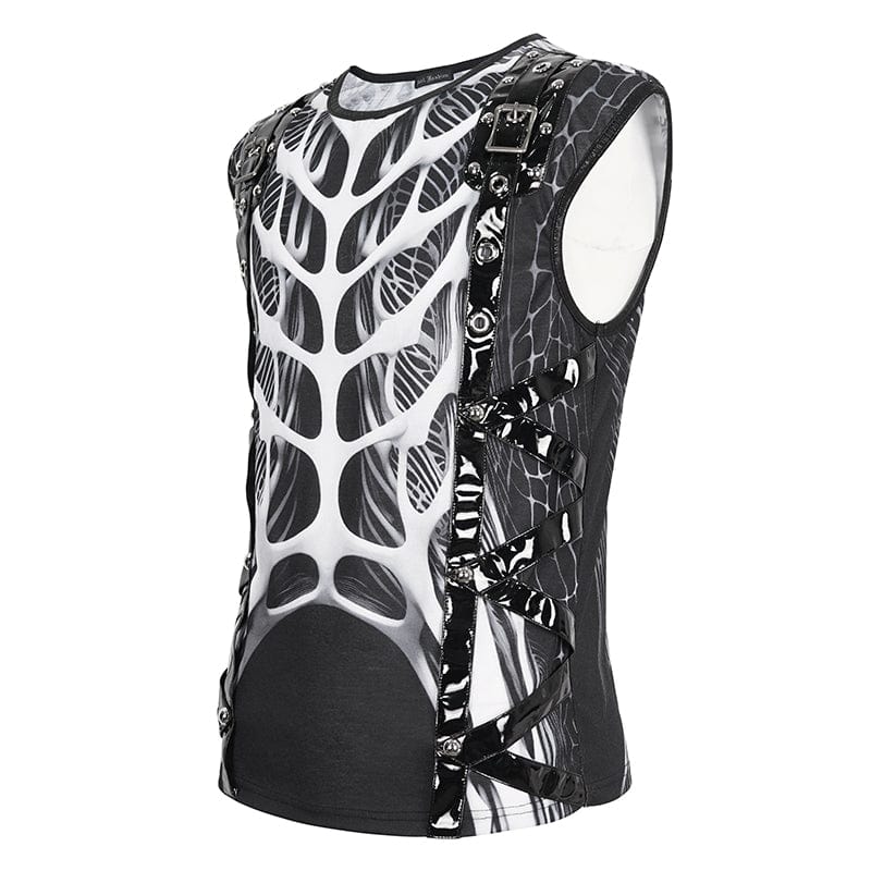 DEVIL FASHION Men's Punk Skeleton Patent Leather Splice Tank Top