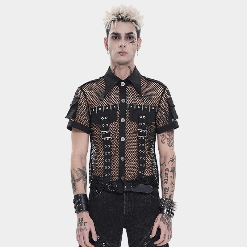 CYbERdYNE 編みシャツ　punk Men's Punk Small Pockets Bullet & Rivet Mesh Shirt – Punk Design