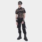 Camisa de malla con bolsillos pequeños y estampado de balas y remaches para hombre de DEVIL FASHION, estilo punk.