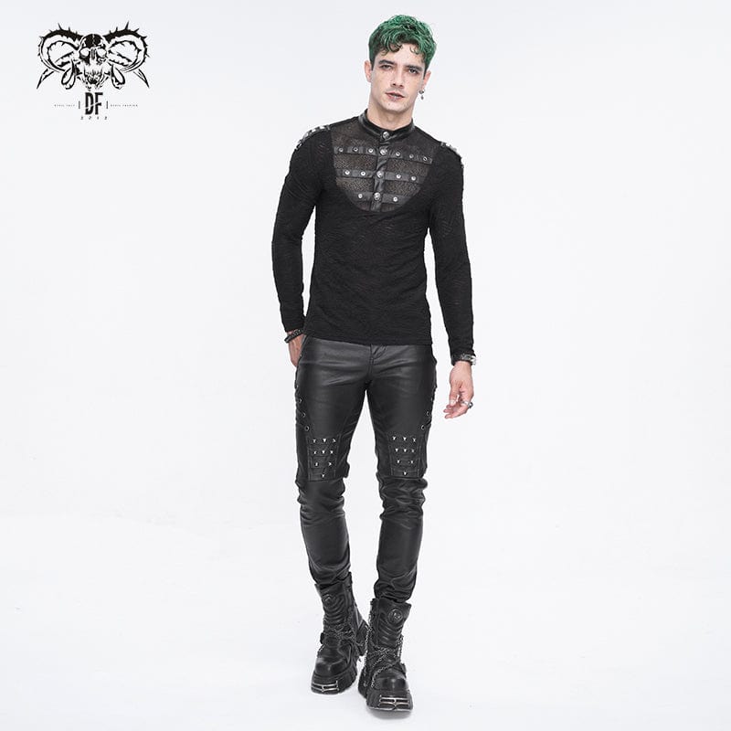 DEVIL FASHION Men's Punk Stand Collar Mesh Splice Shirt