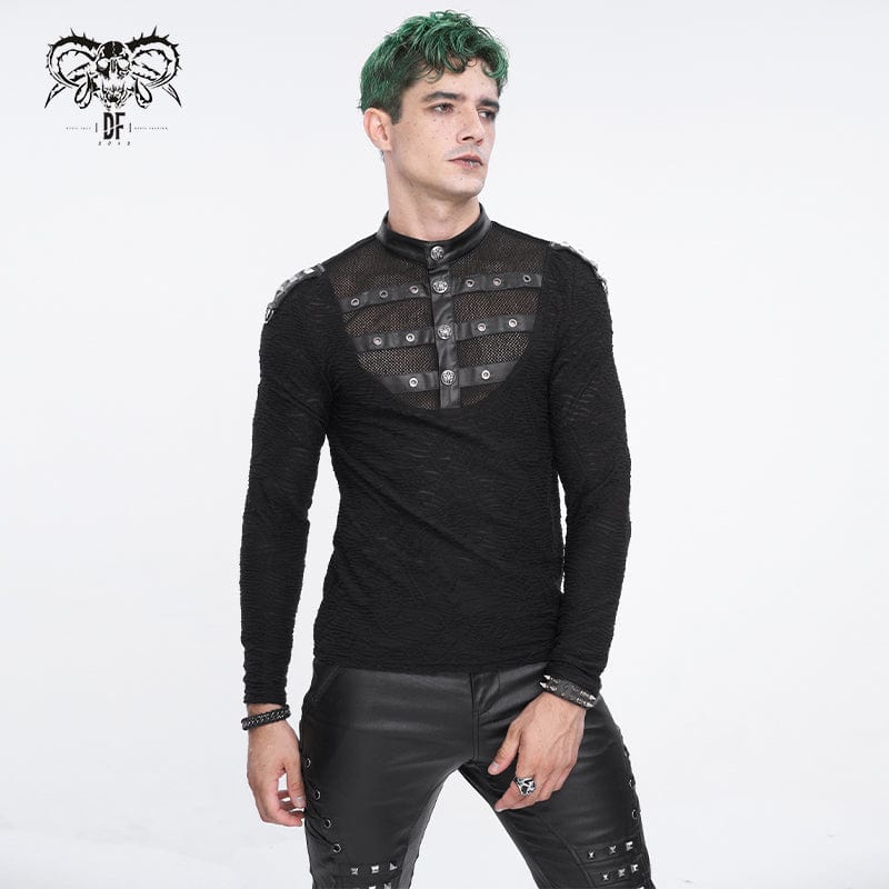 DEVIL FASHION Men's Punk Stand Collar Mesh Splice Shirt