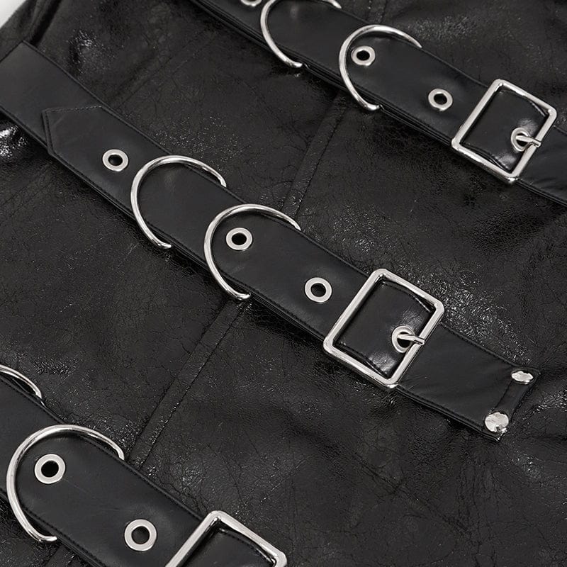DEVIL FASHION Men's Punk Stand Collar Multi-buckle Faux Leather Coat Black