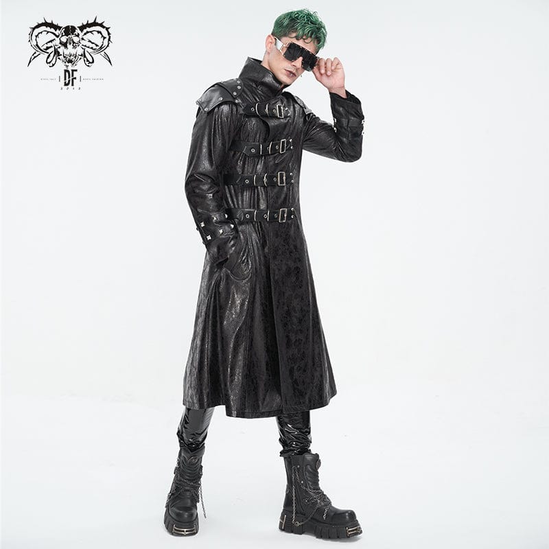 DEVIL FASHION Men's Punk Stand Collar Multi-buckle Faux Leather Coat Black