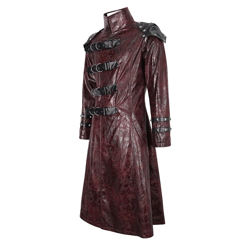 DEVIL FASHION Men's Punk Stand Collar Multi-buckle Faux Leather Coat Red