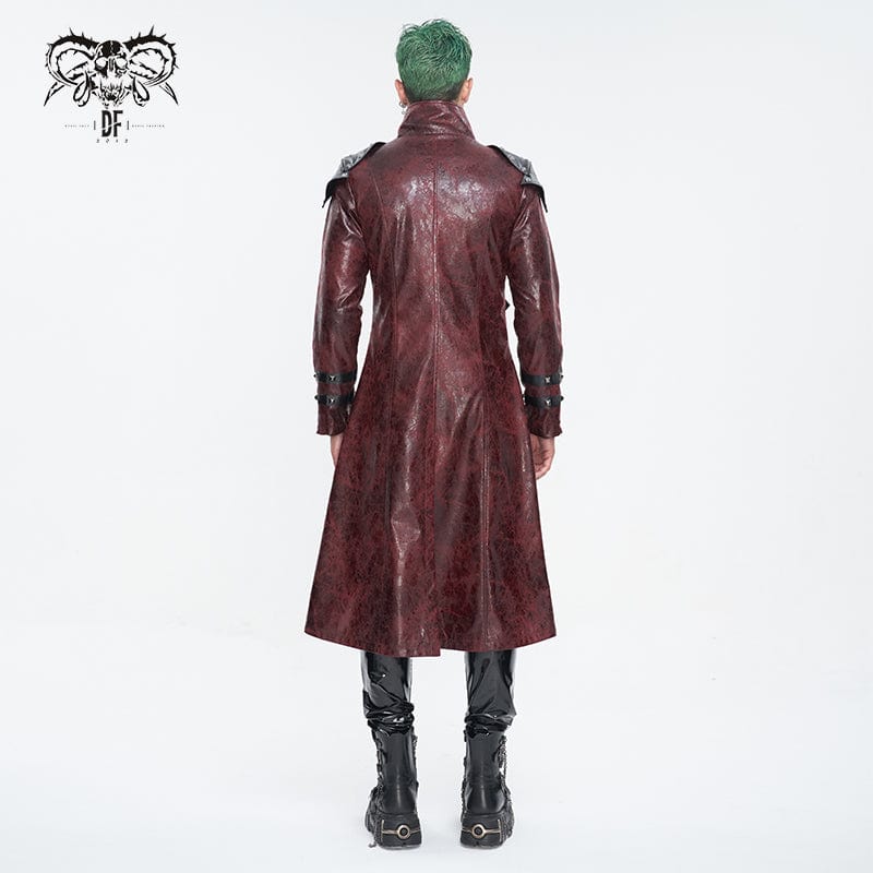 DEVIL FASHION Men's Punk Stand Collar Multi-buckle Faux Leather Coat Red