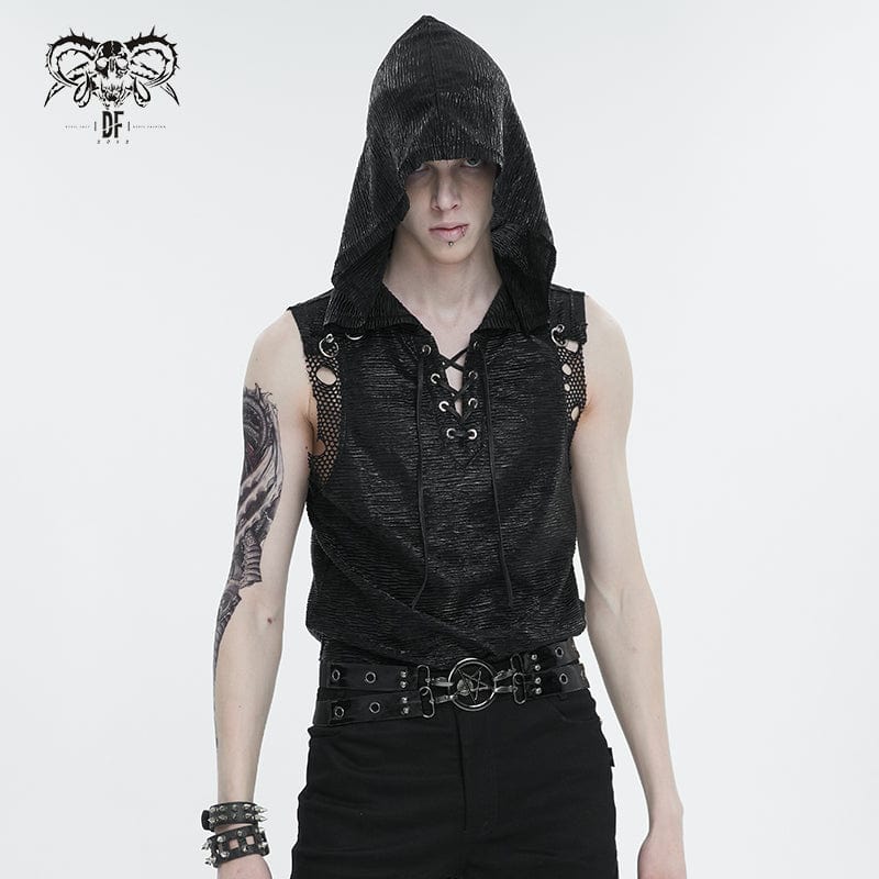 DEVIL FASHION Men's Punk Strappy Mesh Splice Vest with Hood