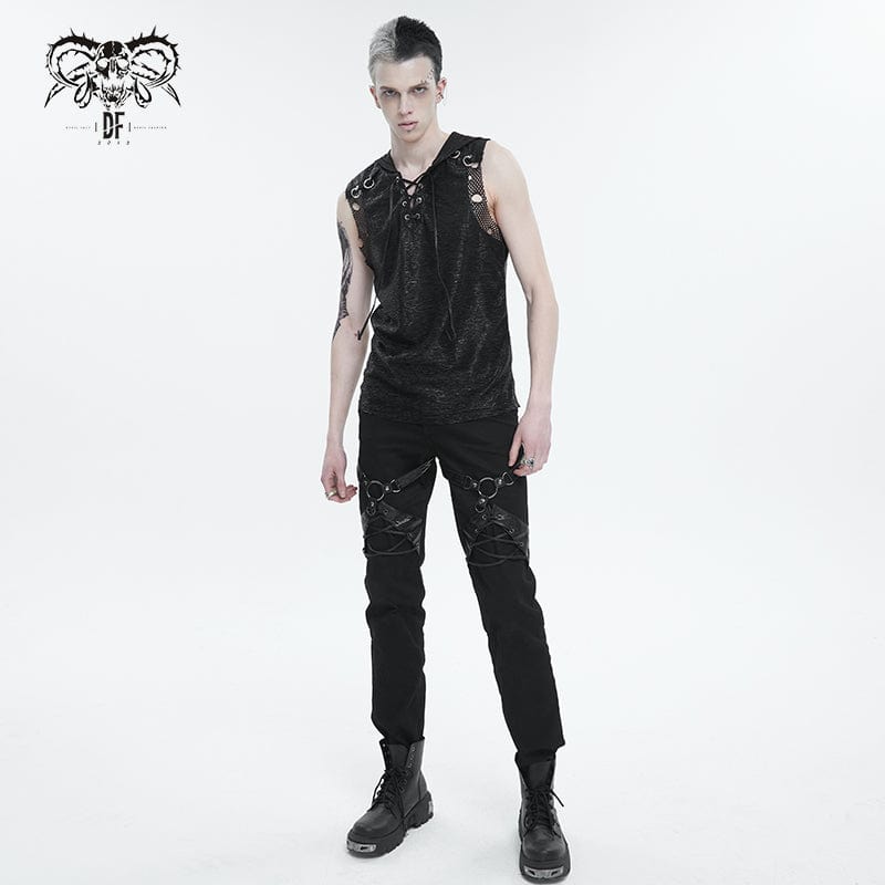 DEVIL FASHION Men's Punk Strappy Mesh Splice Vest with Hood