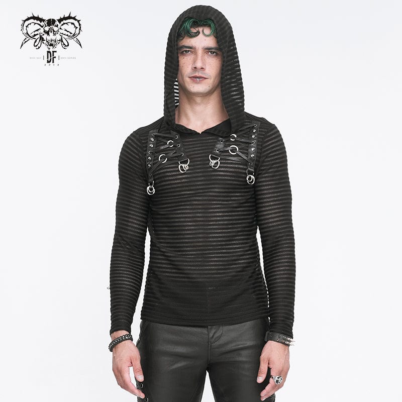 DEVIL FASHION Men's Punk Striped Sheer Hoodies
