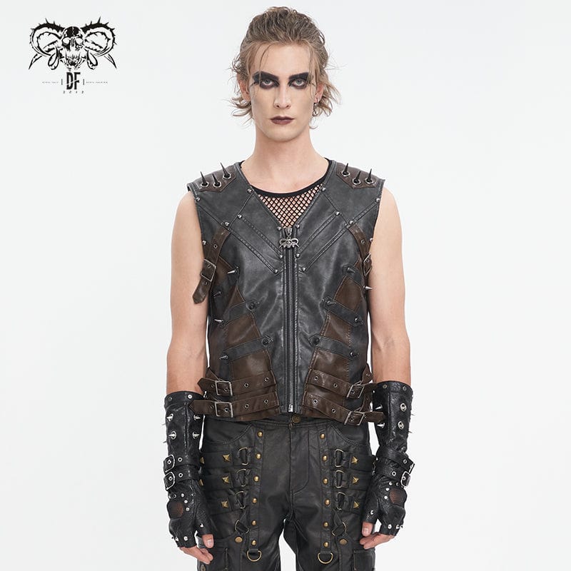 DEVIL FASHION Men's Punk Studded Black Faux Leather Vest