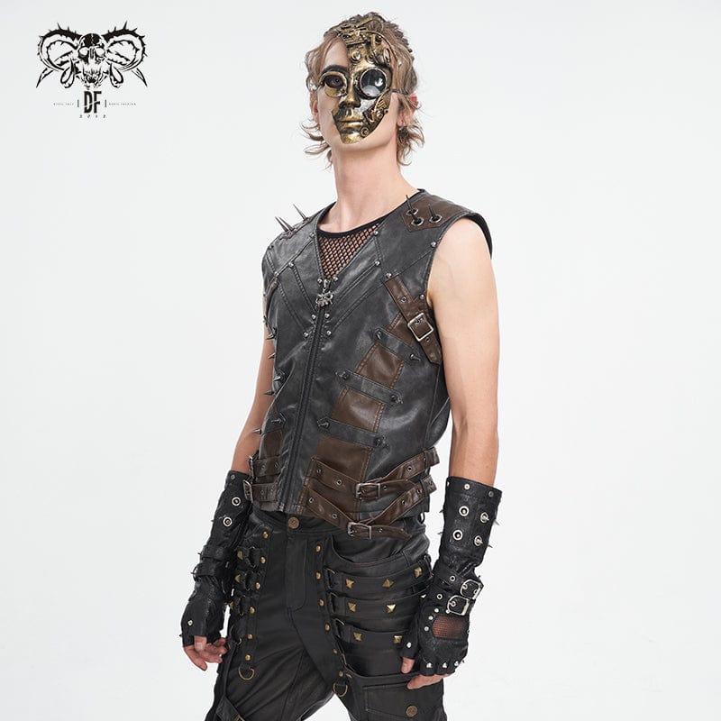 DEVIL FASHION Men's Punk Studded Black Faux Leather Vest