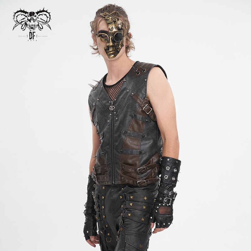 DEVIL FASHION Men's Punk Studded Black Faux Leather Vest