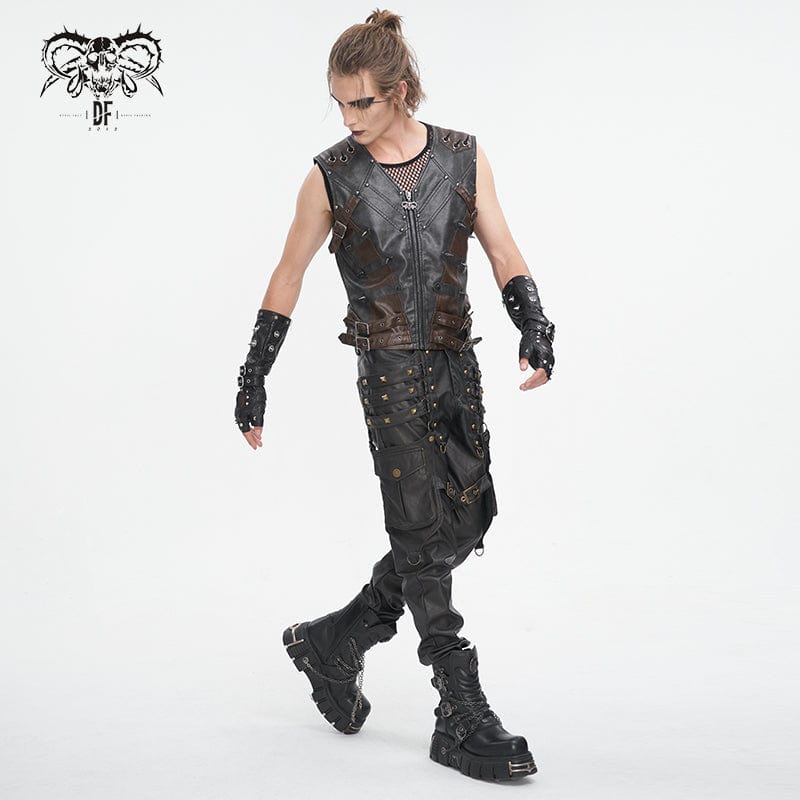 DEVIL FASHION Men's Punk Studded Black Faux Leather Vest