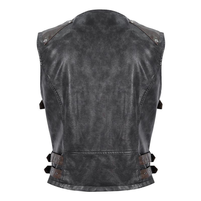 DEVIL FASHION Men's Punk Studded Black Faux Leather Vest