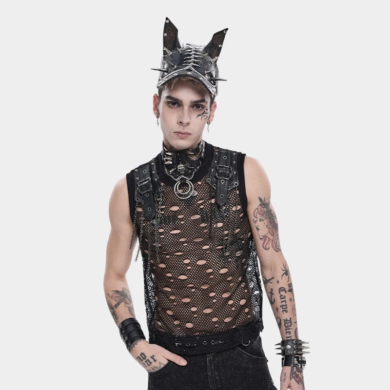 DEVIL FASHION Men's Punk Studded Chained Distressed Hat
