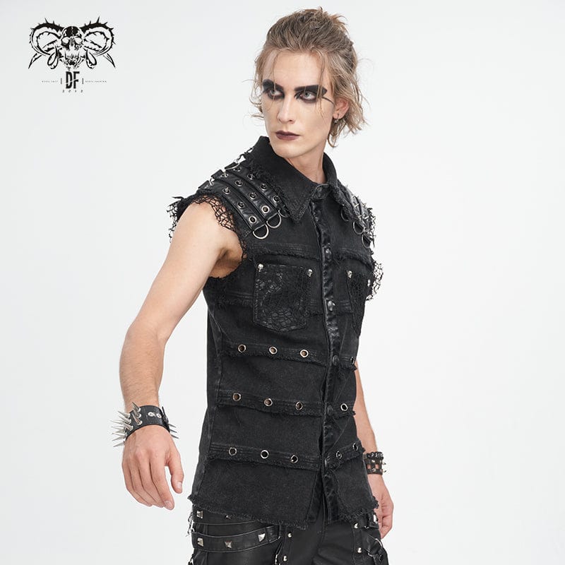 DEVIL FASHION Men's Punk Studded Distressed Unedged Vest