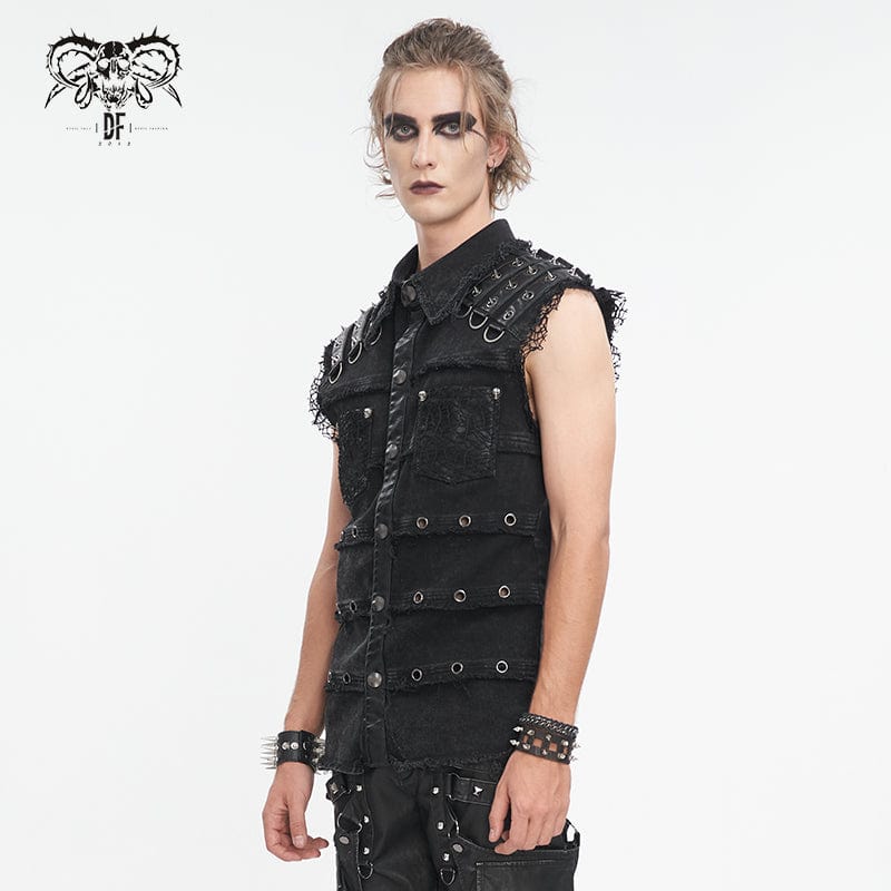 DEVIL FASHION Men's Punk Studded Distressed Unedged Vest