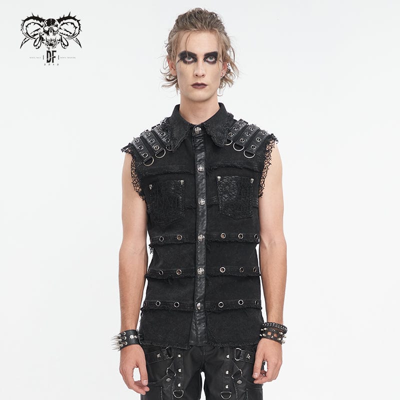 DEVIL FASHION Men's Punk Studded Distressed Unedged Vest