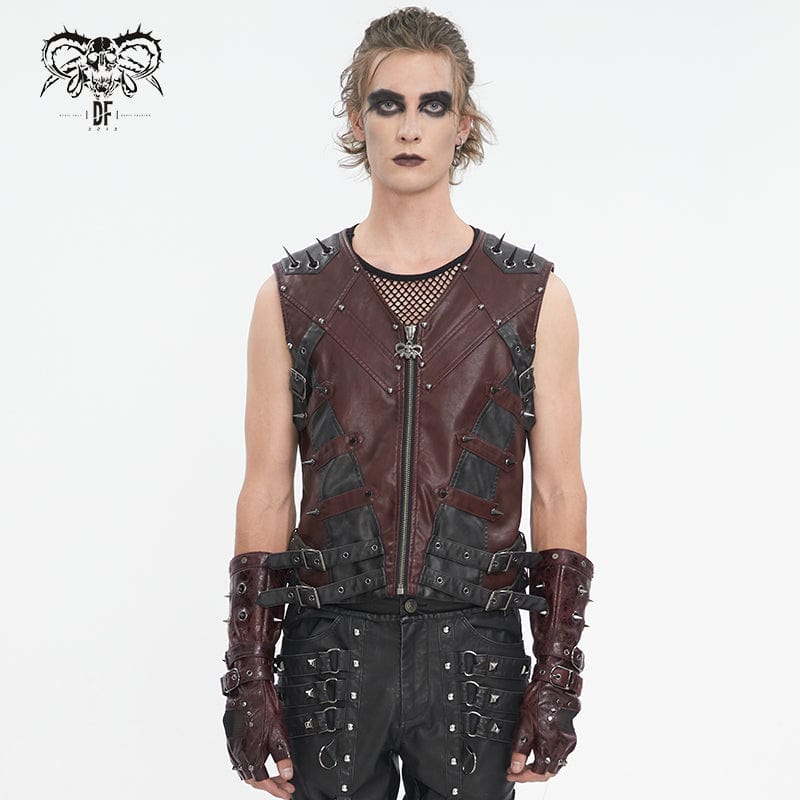 DEVIL FASHION Men's Punk Studded Red Faux Leather Vest