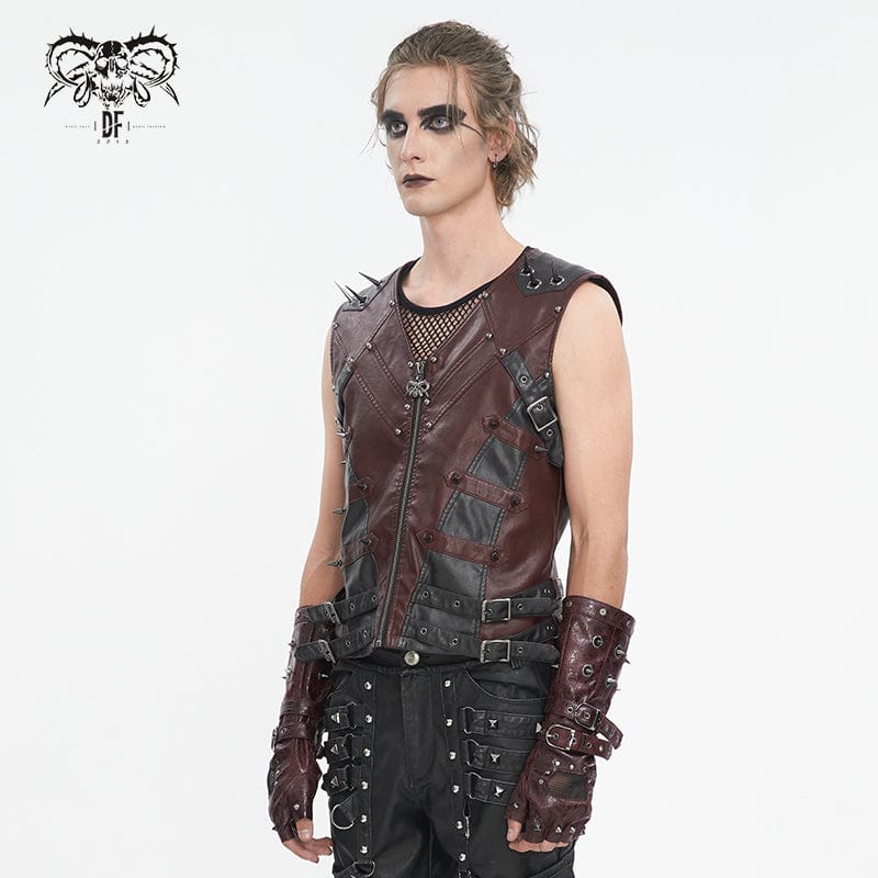 DEVIL FASHION Men's Punk Studded Red Faux Leather Vest