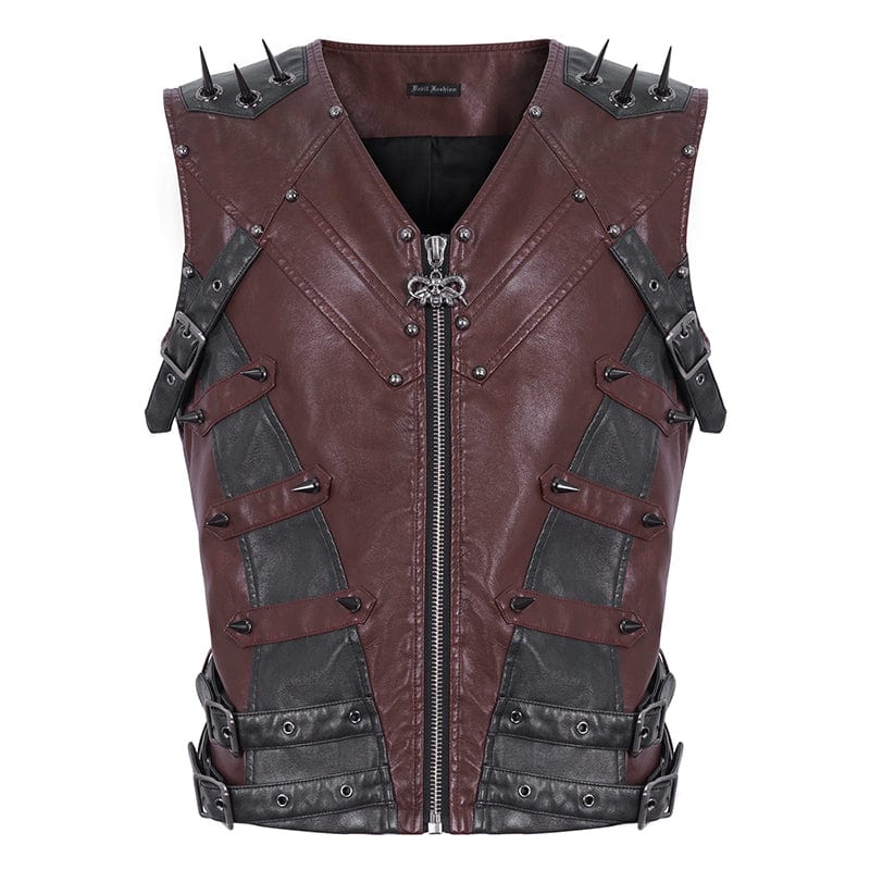 DEVIL FASHION Men's Punk Studded Red Faux Leather Vest